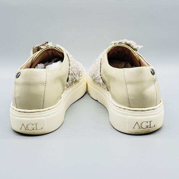 AGL Shoes Womens 38.5 US 8.5 Beige Tweed Bow Slip On Platform Sneakers Italy - Picture 6 of 10